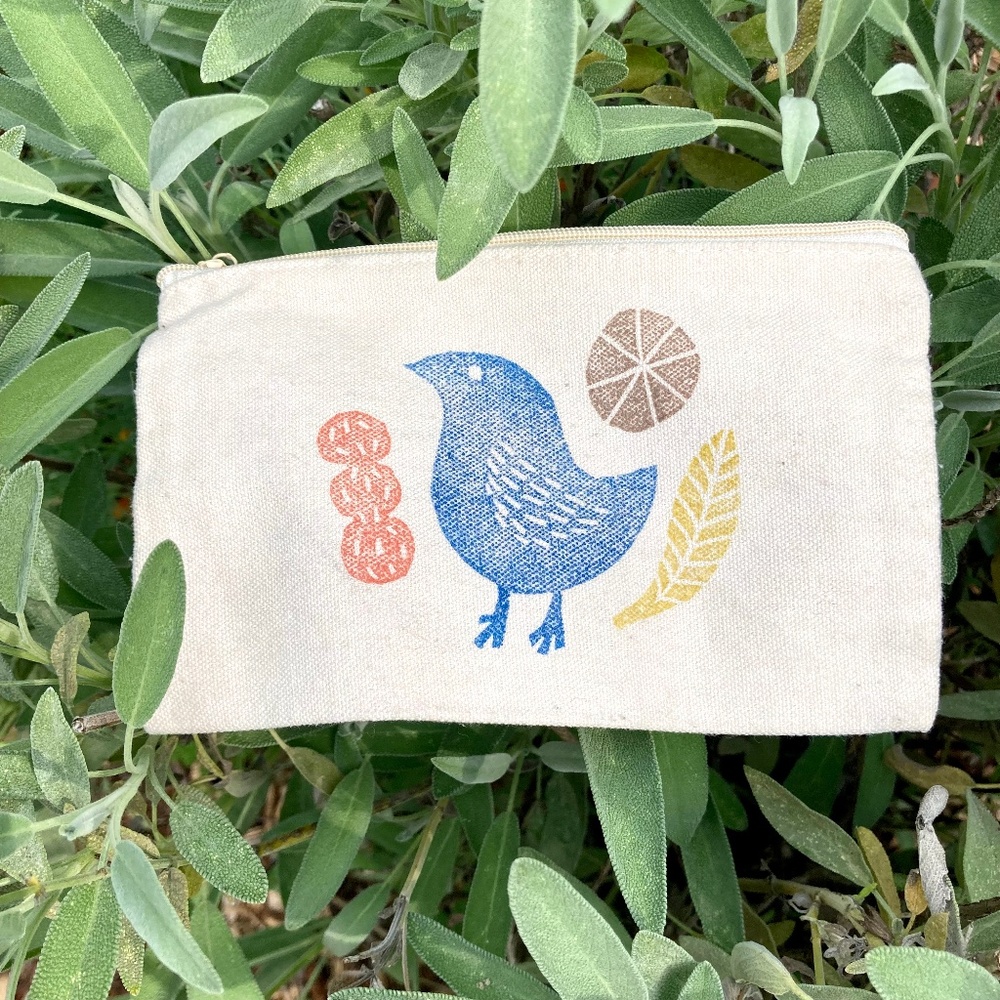 Cute small cream zipper pouch/wallet with blue bird stamp